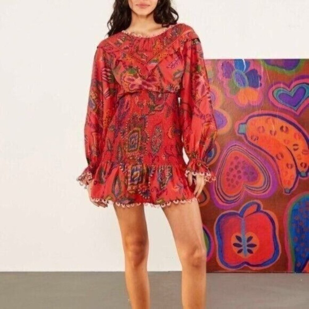 FARM Rio Mini Dress M  Tapestry Tropical Smocked Ruffle…Blush Pink Sunset - Picture 2 of 16